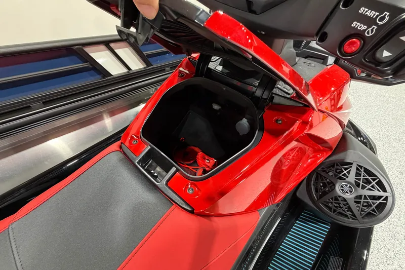 Slide: The Image of 2026 Yamaha WaveRunner VX Deluxe storage compartment with red accents and control panel. - 6