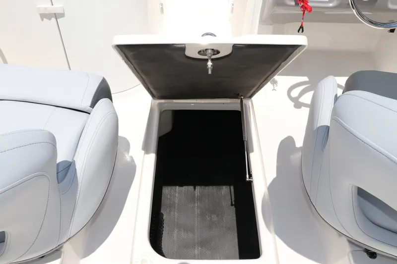Slide: The Image of Open storage compartment on 2027 Robalo R207 Dual Console boat interior. - 21