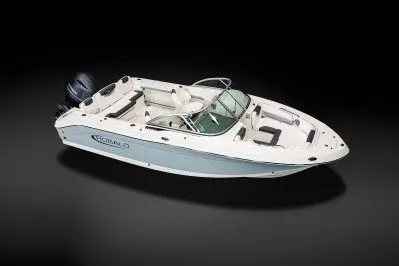 Slide: The Image of 2027 Robalo R207 Dual Console boat with sleek design and dual engines. - 1