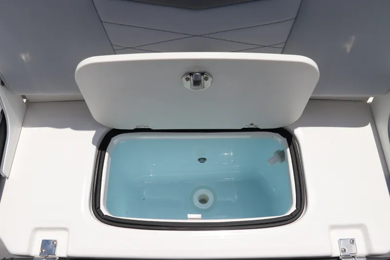 Slide: The Image of An open storage compartment on a Robalo R207 Dual Console boat, featuring a blue interior. - 15