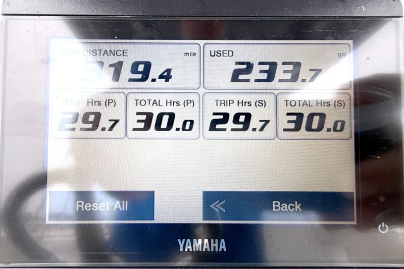 Slide: The Image of Yamaha display showing trip data: 319.4 miles, 233.7 gallons used, 2026 Tidewater 320 CC Adventure. - 37