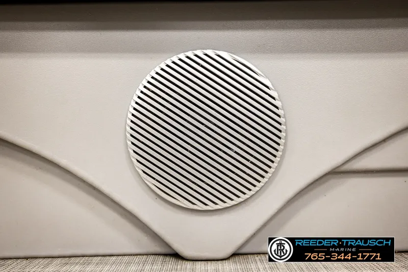 Slide: The Image of 2021 Bennington SVSR boat speaker detail with Reeder-Trausch Marine contact information. - 46