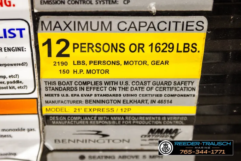 Slide: The Image of 2021 Bennington SVSR boat capacity label: 12 persons, 1629 lbs, 150 HP motor. - 55