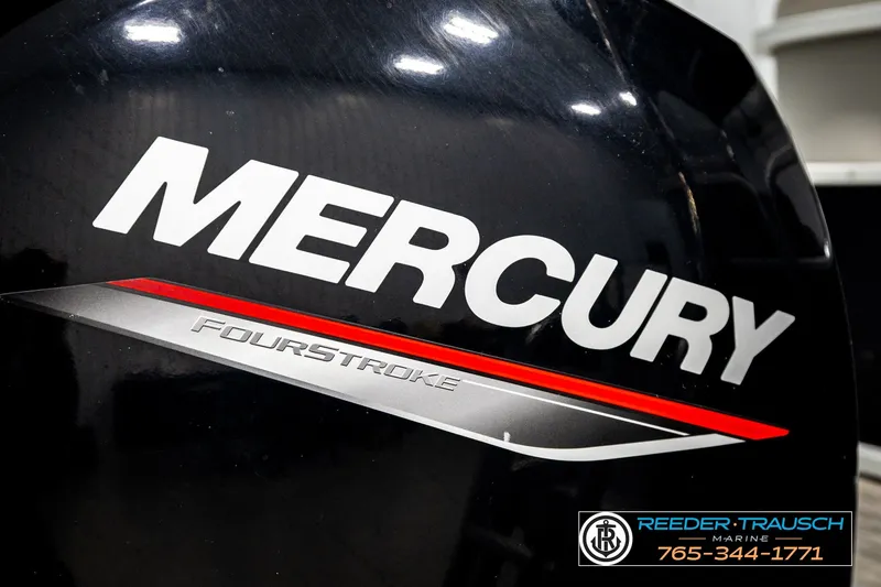 Slide: The Image of Mercury FourStroke engine on 2021 Bennington SVSR boat, Reeder-Trausch Marine contact details visible. - 48