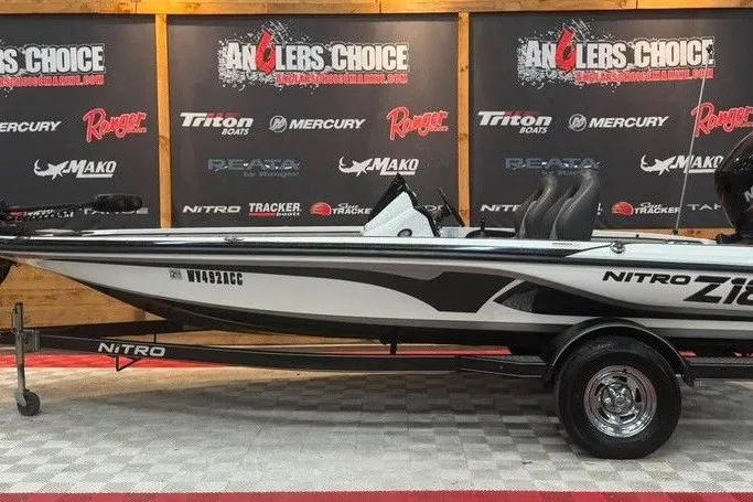 The Image of 2017 Nitro Z18 boat displayed at Anglers Choice event with branded backdrop. - 0