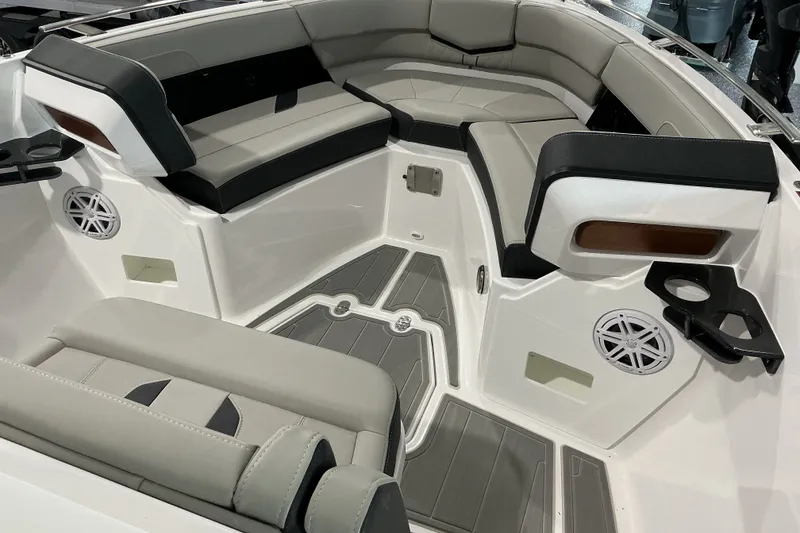 Slide: The Image of Luxurious seating area of the 2027 Monterey Elite 27 SD boat with modern design. - 6