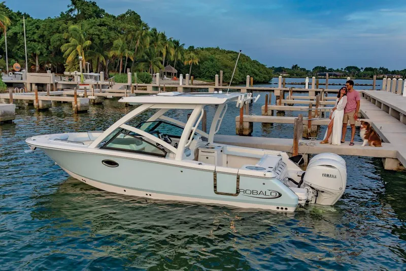 Slide: The Image of Manufacturer Provided Image: 2025 Robalo R257 Dual Console boat docked in a scenic marina setting. - 15