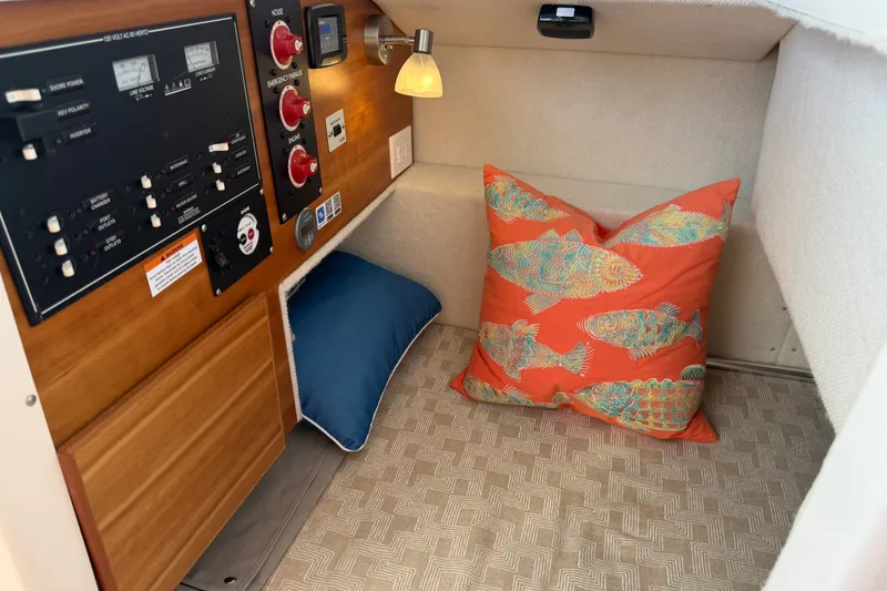 Slide: The Image of 2024 Cutwater C-248 Coupe cabin interior with control panel and decorative pillows. - 25
