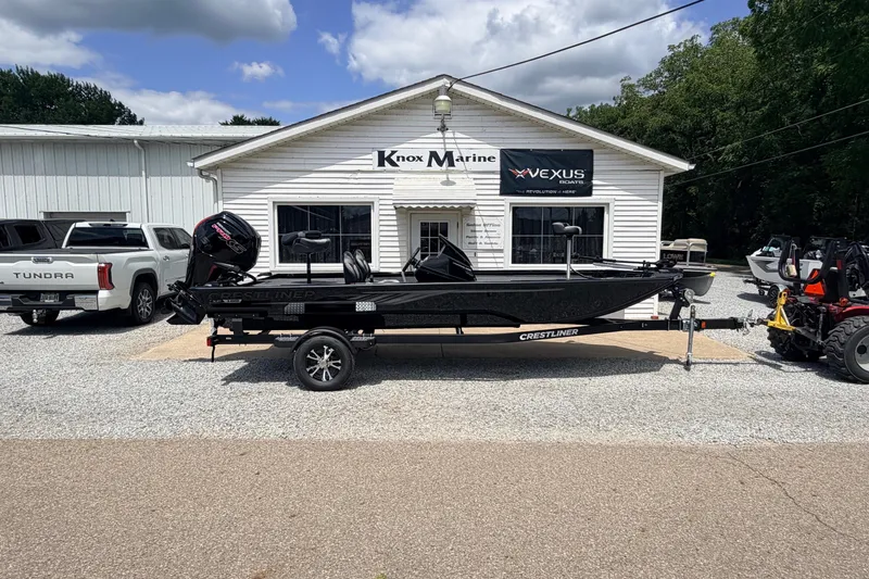 The Image of 2027 Crestliner XF 189 boat on trailer outside Knox Marine dealership. - 1