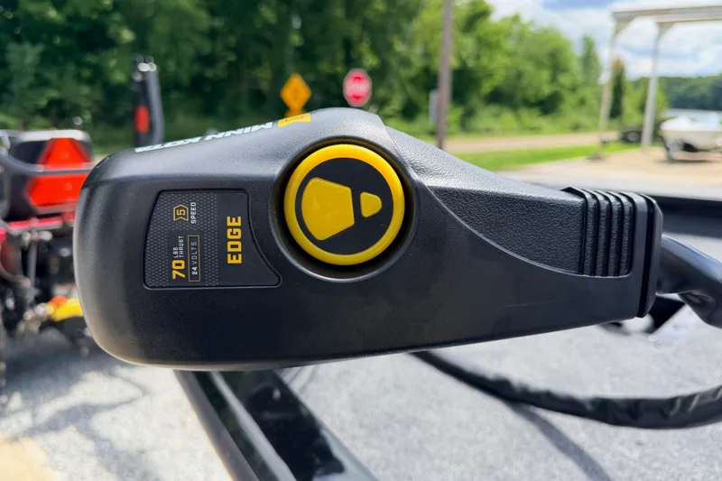 Slide: The Image of Close-up of a Minn Kota Edge trolling motor on a 2027 Crestliner XF 189 boat. - 7