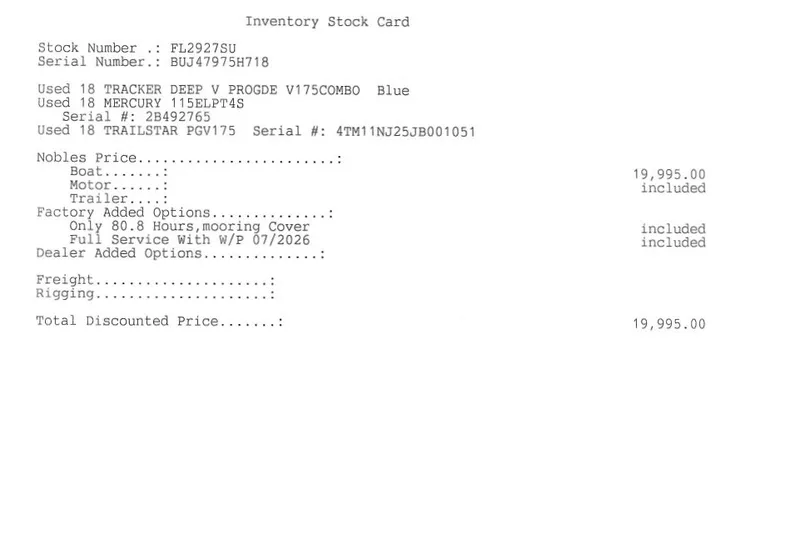 Slide: The Image of Inventory stock card for 2018 Tracker Pro Guide V-175 Combo, priced at $19,995. - 22