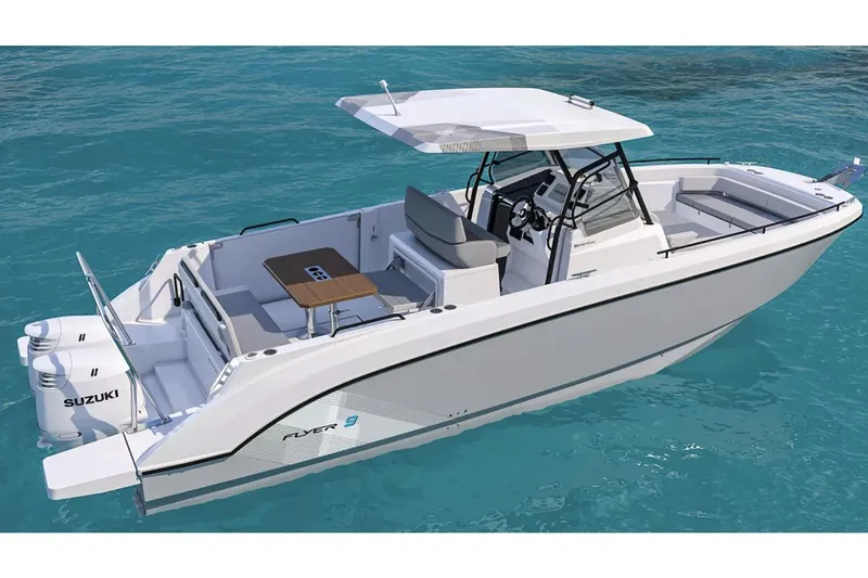 Slide: The Image of Manufacturer Provided Image: 2026 Beneteau Flyer 9 SPACEdeck boat on clear blue water, featuring Suzuki engine. - 2