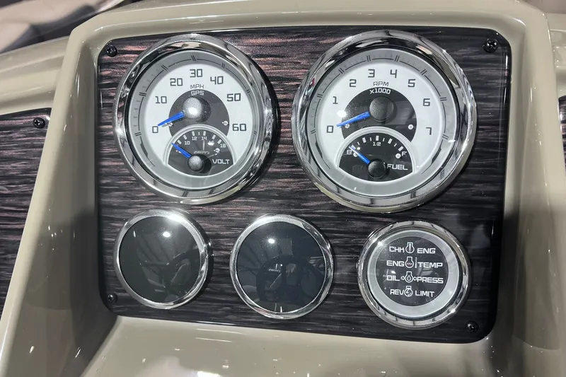 Slide: The Image of Dashboard of 2026 Sylvan X3 with speedometer, tachometer, and fuel gauge. - 27