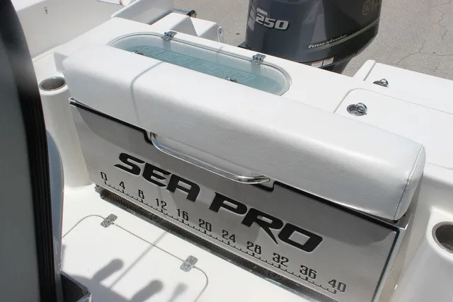 Slide: The Image of The image shows the rear area of a Sea Pro 219 Center Console boat with a livewell. - 12