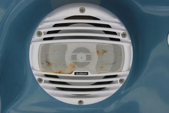 Slide: The Image of A white speaker is mounted in a blue surface. - 36