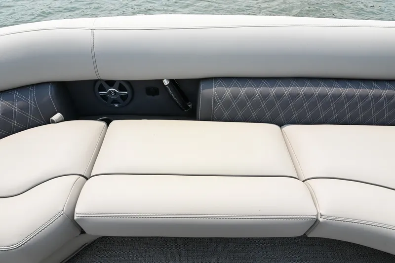 Slide: The Image of Luxurious seating on 2025 Barletta Lusso 25UCA pontoon boat, featuring elegant stitching and premium materials. - 18