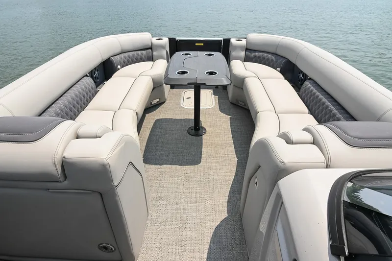 Slide: The Image of Luxurious seating on the 2025 Barletta Lusso 25UCA pontoon boat, featuring elegant upholstery. - 10
