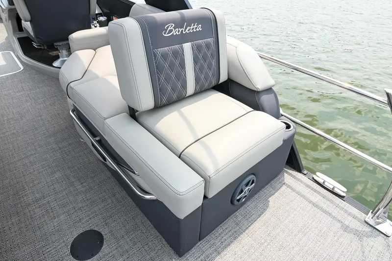 Slide: The Image of Luxurious seating on 2025 Barletta Lusso 25UCA pontoon boat, featuring elegant upholstery. - 36
