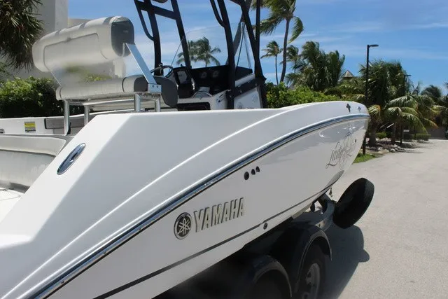 Slide: The Image of A white Yamaha 210 FSH Sport boat on a trailer in a tropical setting. - 8