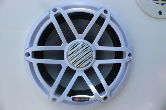Slide: The Image of A speaker with a white grille on a Yamaha boat. - 39