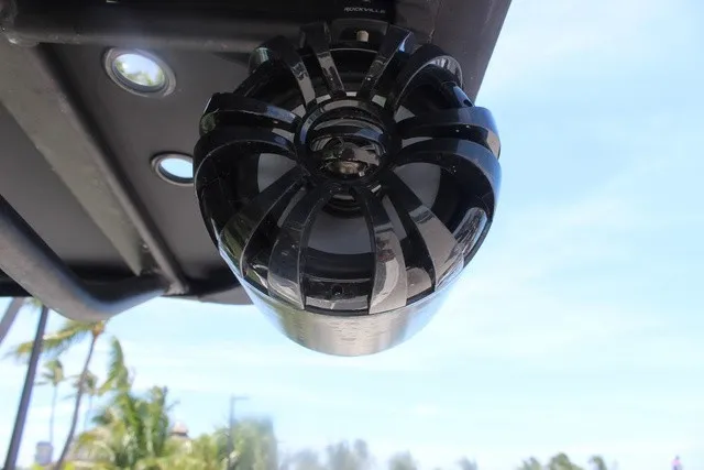 Slide: The Image of Close-up of a black speaker on a boat, with palm trees in the background. - 38