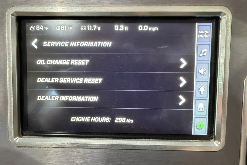 Slide: The Image of Dashboard display of 2020 MasterCraft X22 showing service information and engine hours. - 13