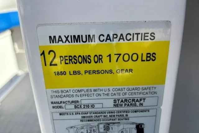 Slide: The Image of 2017 Starcraft SCX Surf 211 IO capacity label: 12 persons or 1700 lbs, 1850 lbs total. - 14