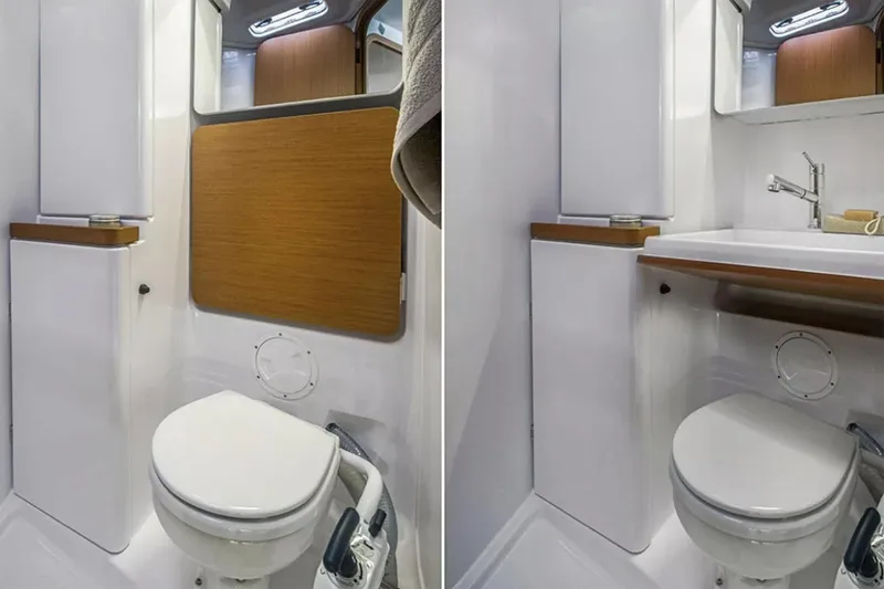 Slide: The Image of Manufacturer Provided Image: 2026 Beneteau First 36 yacht bathroom with compact toilet and modern sink design. - 7