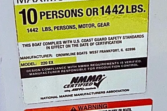 Slide: The Image of 2008 Crownline 220 EX capacity label: 10 persons or 1442 lbs, NMMA certified. - 10