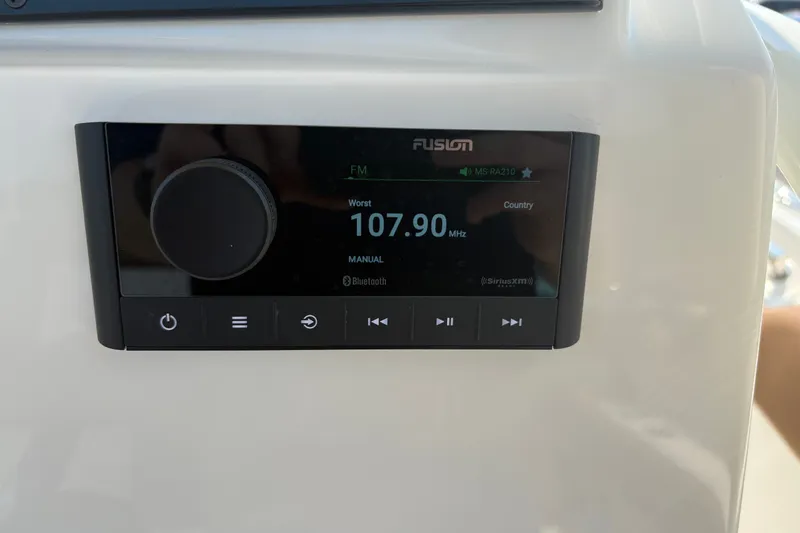 Slide: The Image of Fusion marine stereo display on 2027 Pioneer 202 Islander, tuned to 107.90 MHz FM. - 21