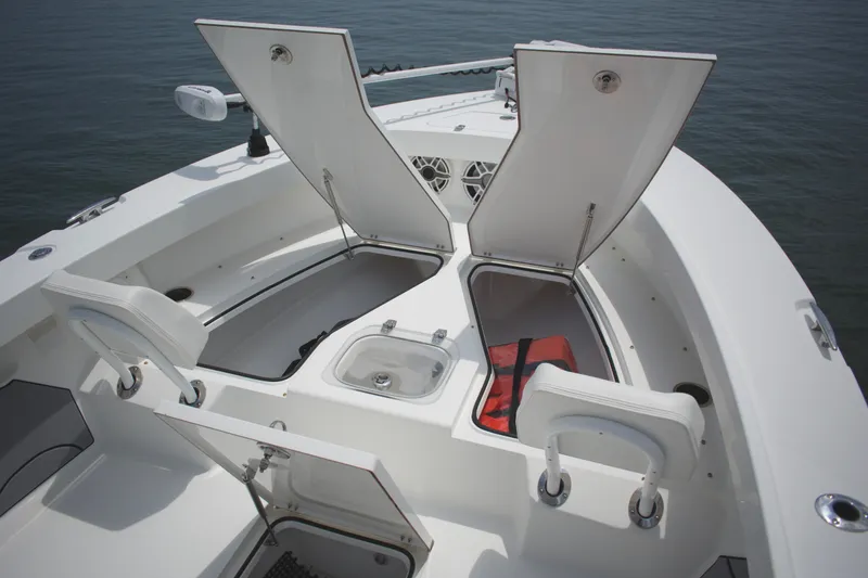 Slide: The Image of 2020 BlackJack 256 Coastal boat with open storage compartments and seating on deck. - 10