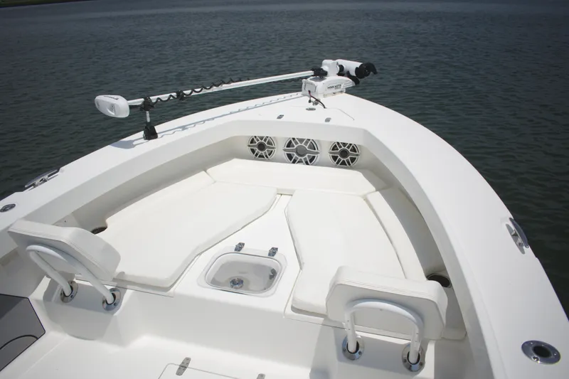 Slide: The Image of 2020 BlackJack 256 Coastal boat interior with seating and speakers on calm water. - 7