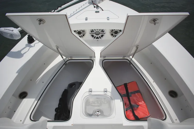 Slide: The Image of 2020 BlackJack 256 Coastal boat storage compartments open, showcasing spacious interior. - 9