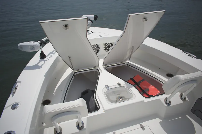 Slide: The Image of 2020 BlackJack 256 Coastal boat with open storage compartments and seating, on calm water. - 8