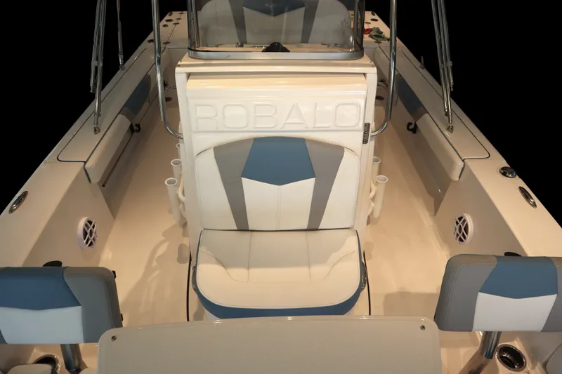Slide: The Image of 2026 Robalo 226 Cayman boat interior with stylish seating and modern design. - 12