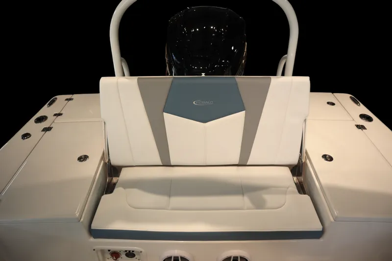 Slide: The Image of 2026 Robalo 226 Cayman boat seating area with sleek design and modern features. - 24