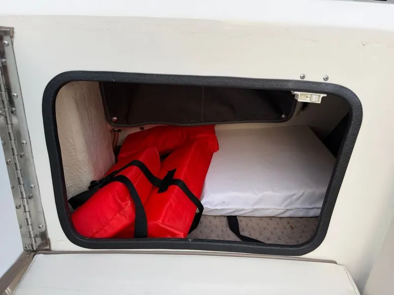 Slide: The Image of A storage compartment on a Sea Ray 210 SLX boat with red life jackets and a white mat. - 8