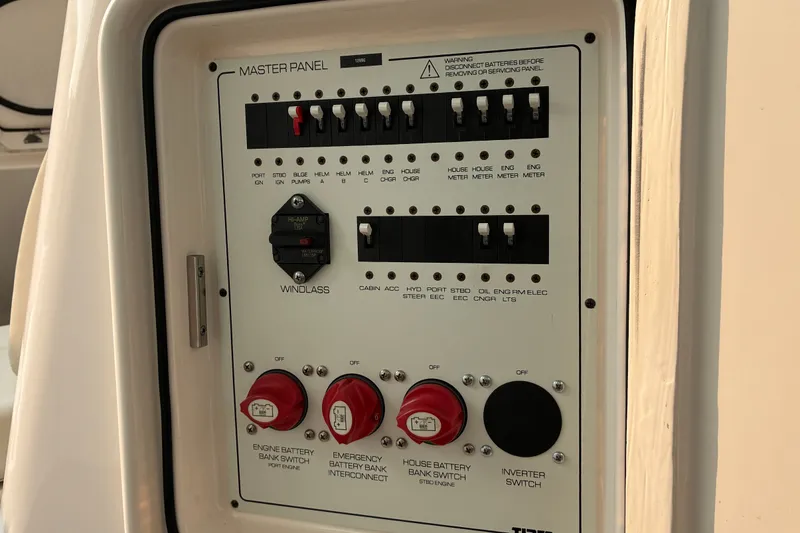 Slide: The Image of Electrical control panel on a 2007 Tiara 3900 Sovran yacht. - 43