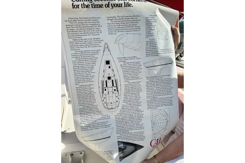 Slide: The Image of Poster detailing the CAL 39 sailboat design, featuring diagrams and specifications from 1989. - 43