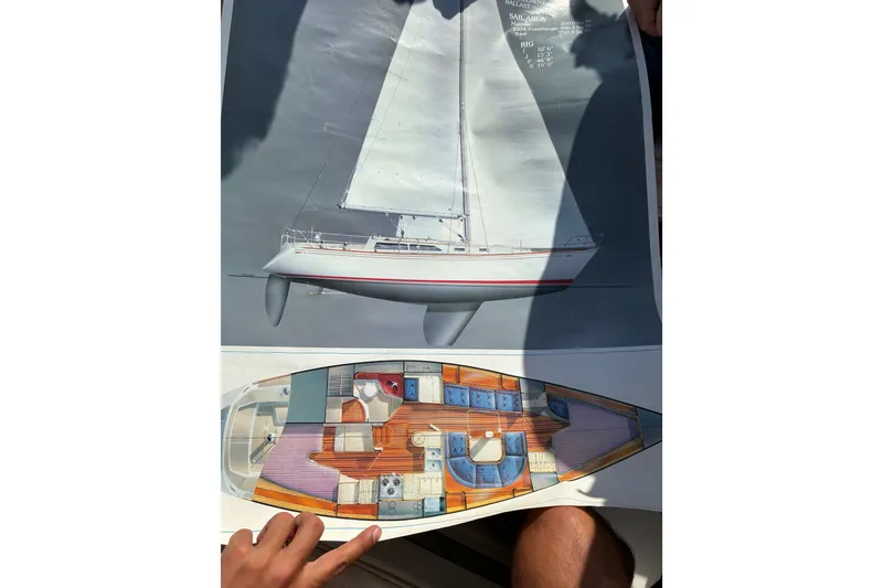 Slide: The Image of A poster displays the side view and floor plan of a sailboat with detailed interiors. - 42