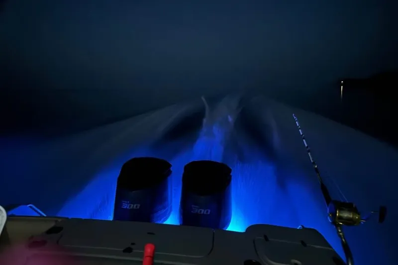 Slide: The Image of 2013 Grady-White Canyon 271 boat with illuminated wake and fishing rod at night. - 9