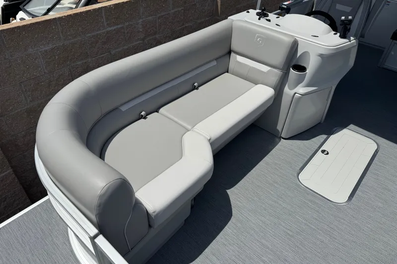 Slide: The Image of 2027 Godfrey Xperience 2286 Flip Lounge with sleek gray seating and modern design. - 6