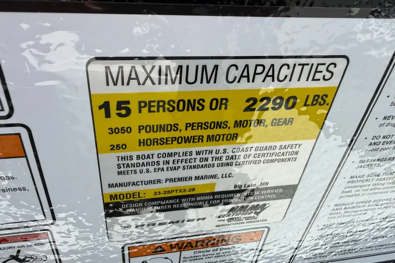 Slide: The Image of Maximum capacity label for 2026 Premier 230 Sunsation RL, 15 persons or 2290 lbs. - 20