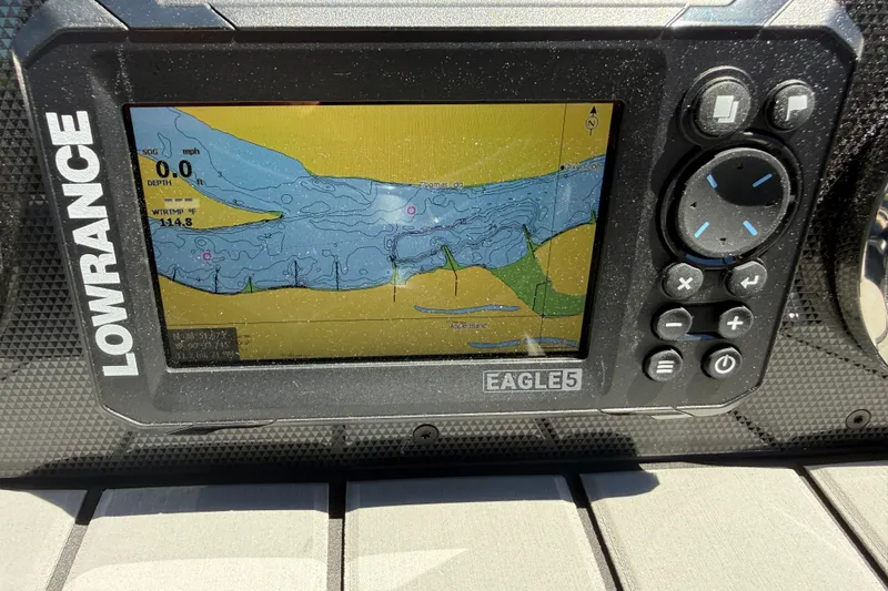 Slide: The Image of Lowrance Eagle 5 GPS display on 2026 Premier 230 Sunsation RL boat dashboard. - 34