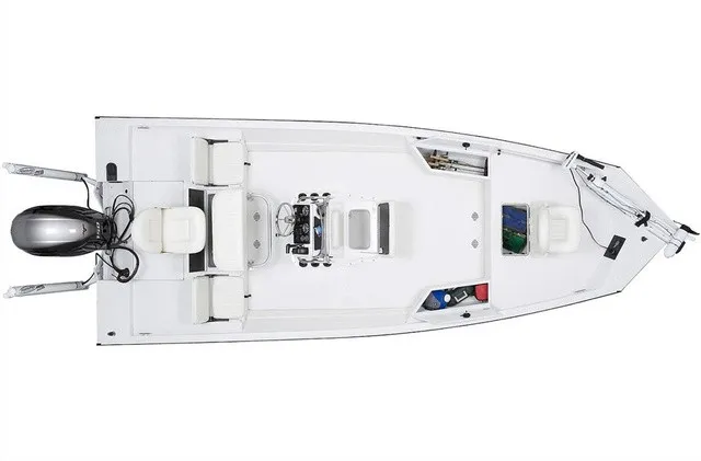 Slide: The Image of Overhead view of a white boat with open deck, multiple seats, and an outboard motor. - 2