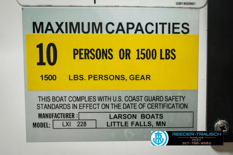Slide: The Image of 2007 Larson LXi 228 Wakeboard Edition capacity label: 10 persons or 1500 lbs. - 65