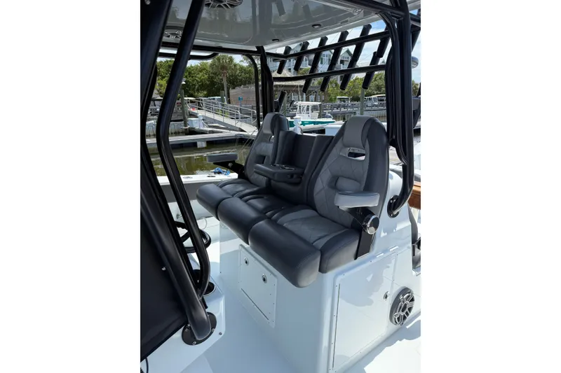 Slide: The Image of Luxury seating on 2024 Freeman 38 boat, featuring sleek design and comfortable upholstery. - 6