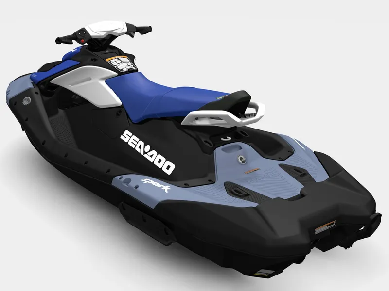 Slide: The Image of A blue and black Sea-Doo Spark jet ski with a white handlebar and iBR technology. - 4