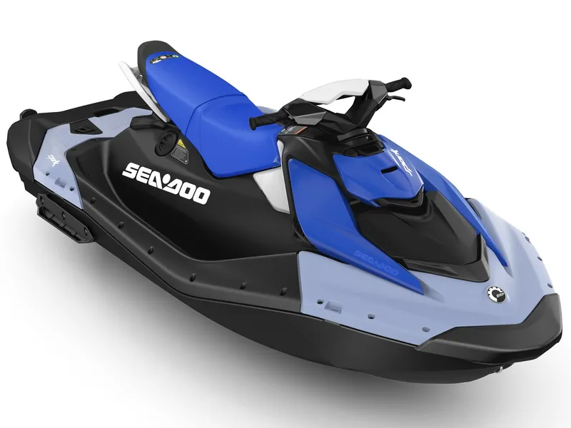 Slide: The Image of A blue and black Sea-Doo Spark jet ski with seating for three and iBR technology. - 2