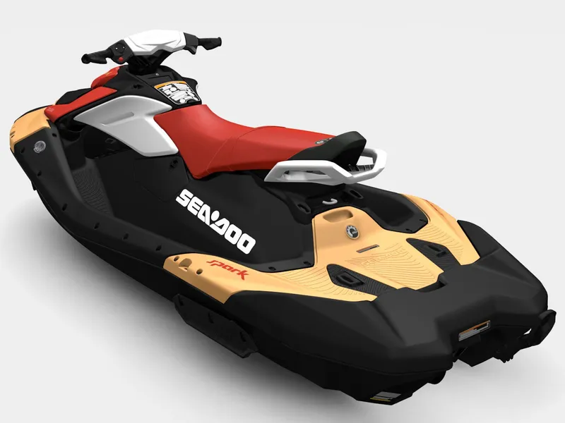 Slide: The Image of A Sea-Doo Spark jet ski with a red seat and yellow accent, suitable for three people. - 4